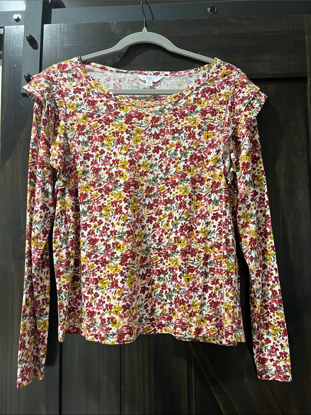 Time and Tru Burgundy Multi Floral Ruffle Shoulder Long-Sleeve Top